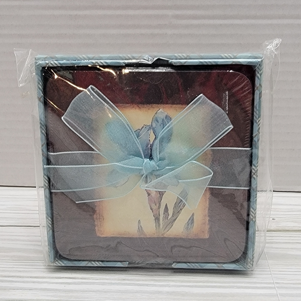 Blue Iris Cork Backed Coasters Brownlow Aqua Chocolate set of 4 2005
